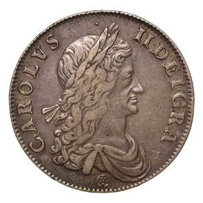 1662 Charles II Crown, first bust rose below, first milled crown by Roettier