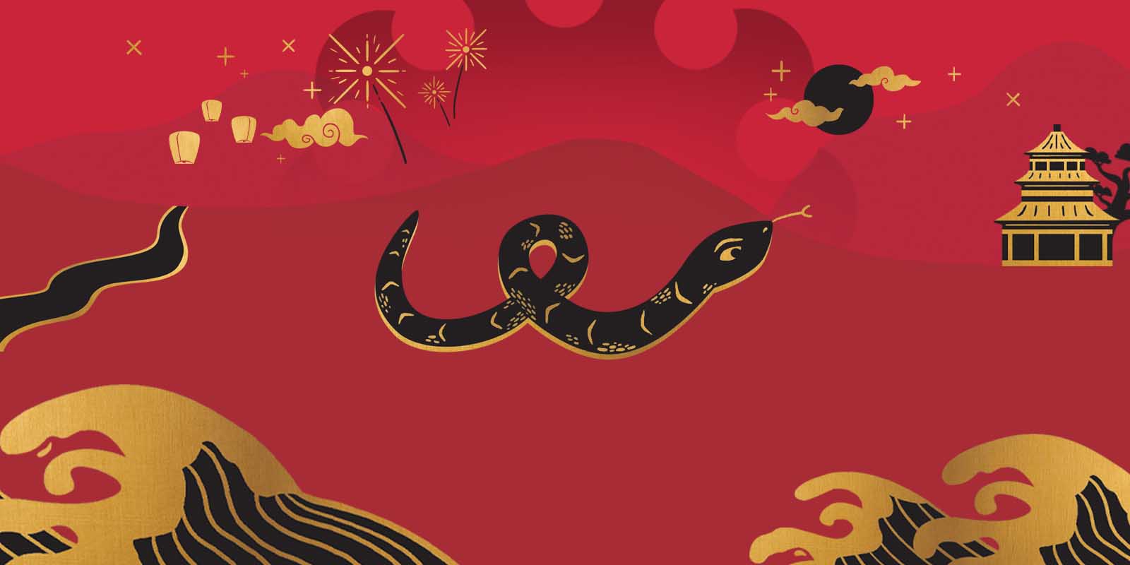 Chinese zodiac illustration of a black and gold snake coiled across a red landscape with golden waves, fireworks, clouds, lanterns, and a traditional Chinese building, symbolizing the Year of the Snake.